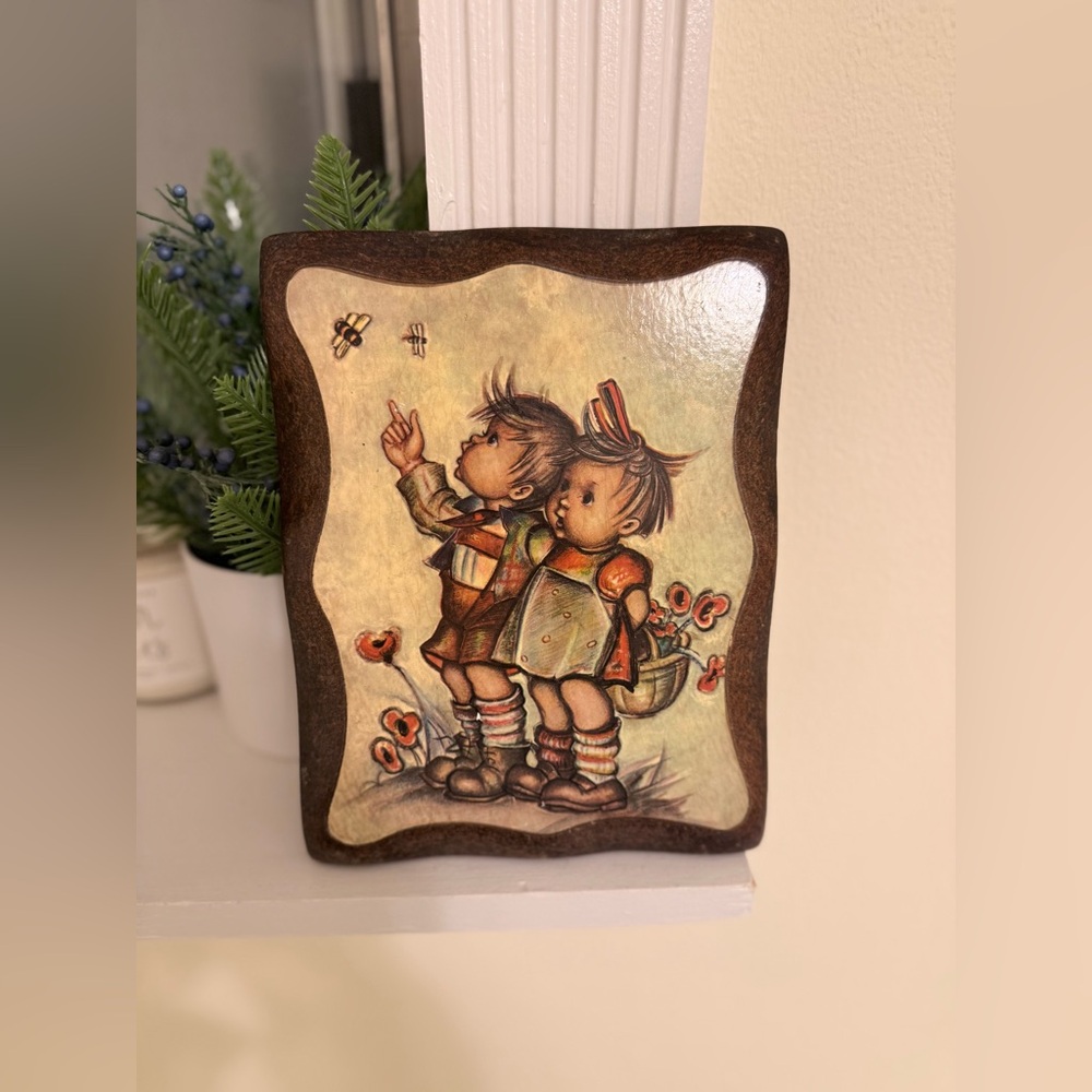 Vintage Wooden Plaque with Children Illustration